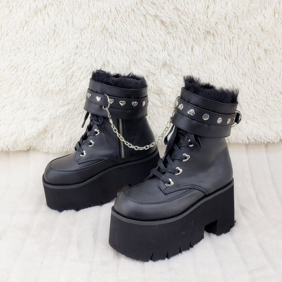 Goth Punk Platform Ankle Boots Furry Chain Cuff 57 - Picture 2 of 16
